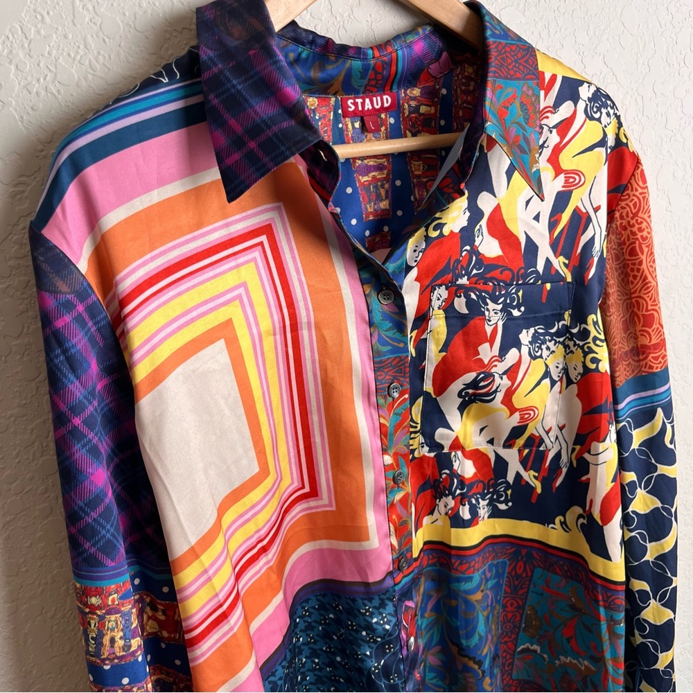 STAUD Martha Patchwork Satin Tunic Blouse L Colorblock Boho Top - Picture 9 of 13